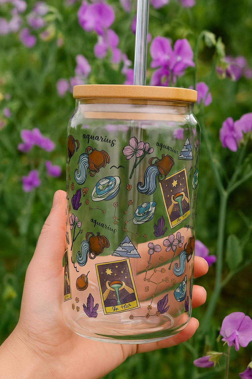 Libby glass sipper, Aquarius tumbler with straw, iced coffee cup, zodiac gift, astrology themed glass, horoscope glass, star sign drinkware