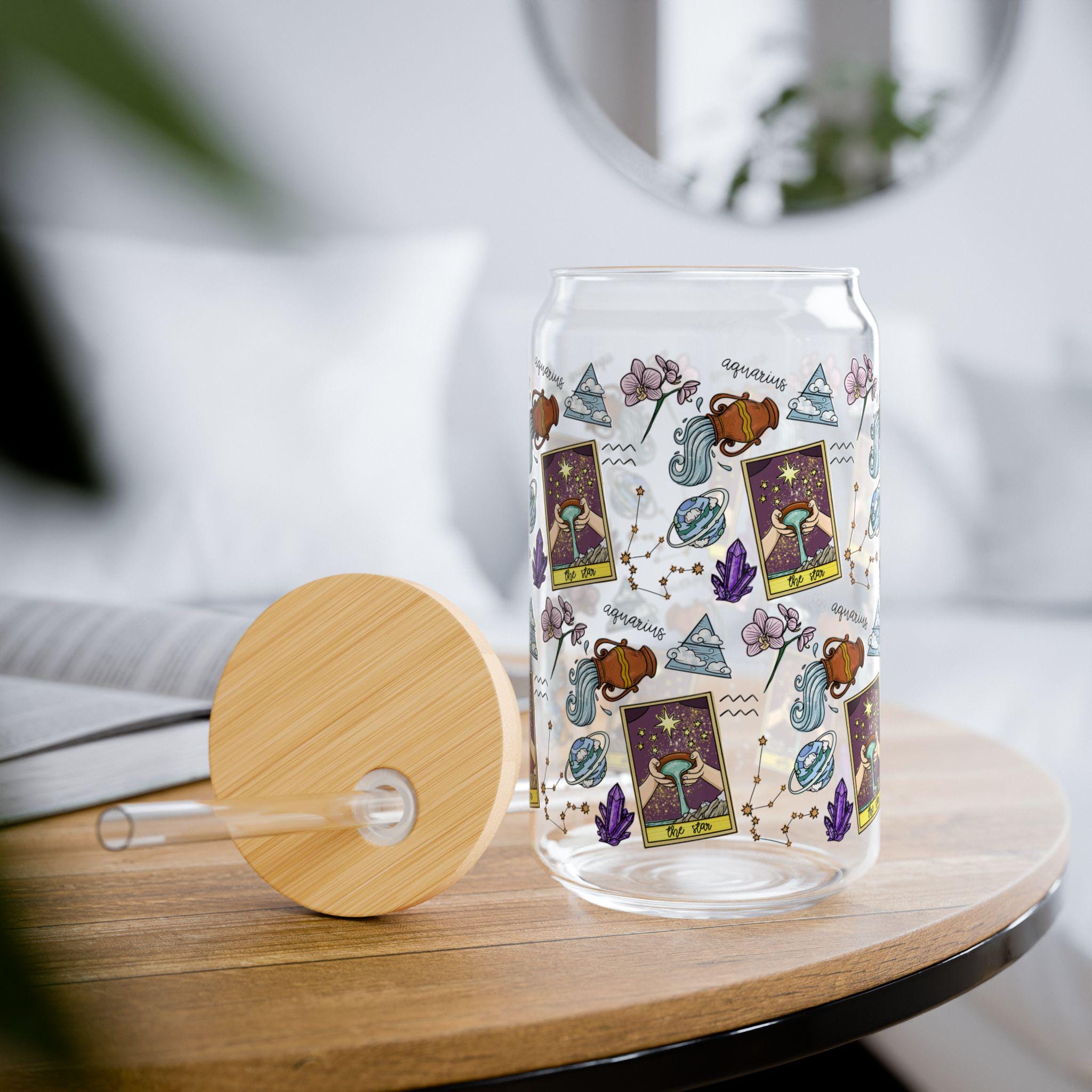 Libby glass sipper, Aquarius tumbler with straw, iced coffee cup, zodiac gift, astrology themed glass, horoscope glass, star sign drinkware