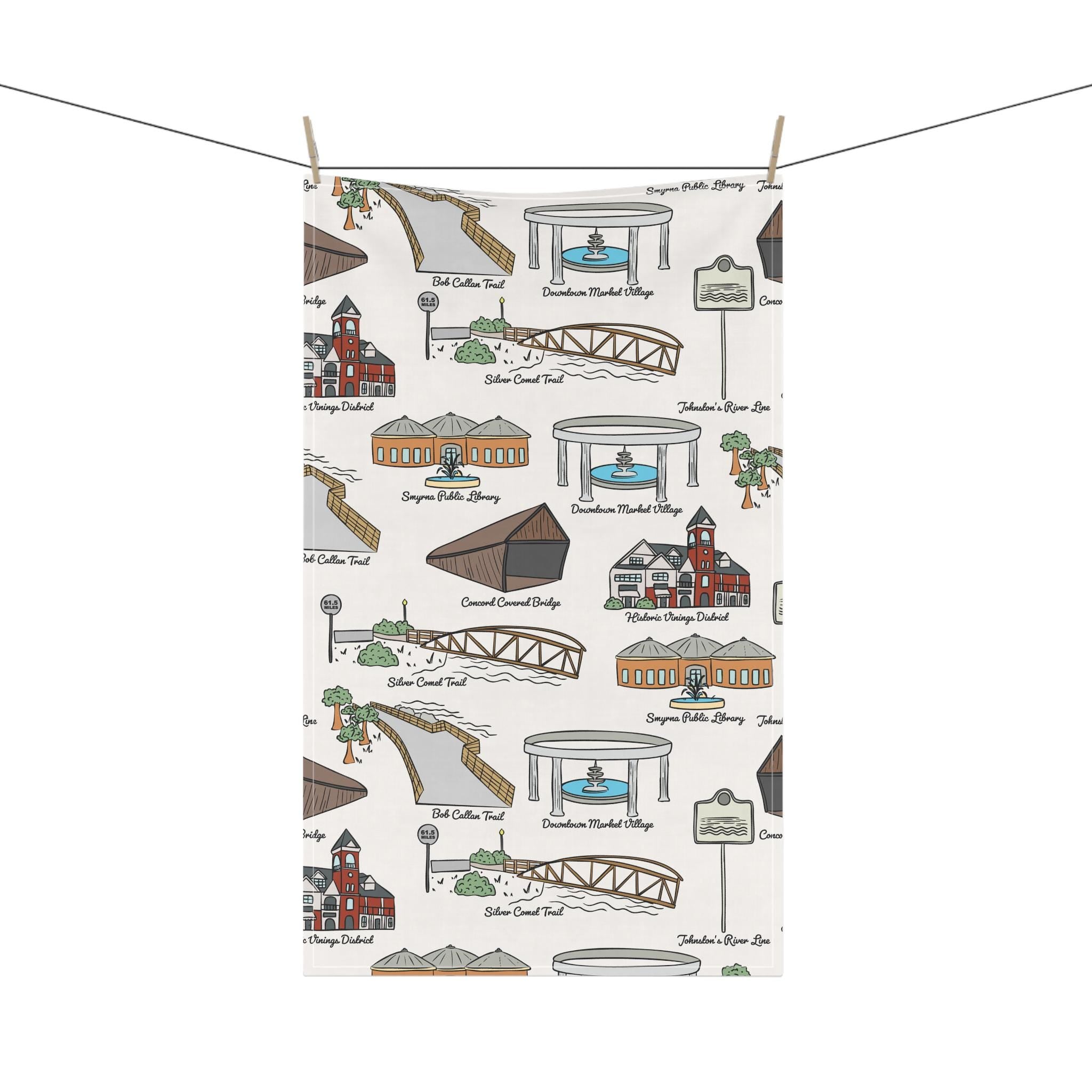Smyrna Georgia Illustrated Kitchen Towels, Kitchen Decor, Farmhouse Style, Gift for Hosts, Unique Kitchen Linens, Woodstock GA Pattern