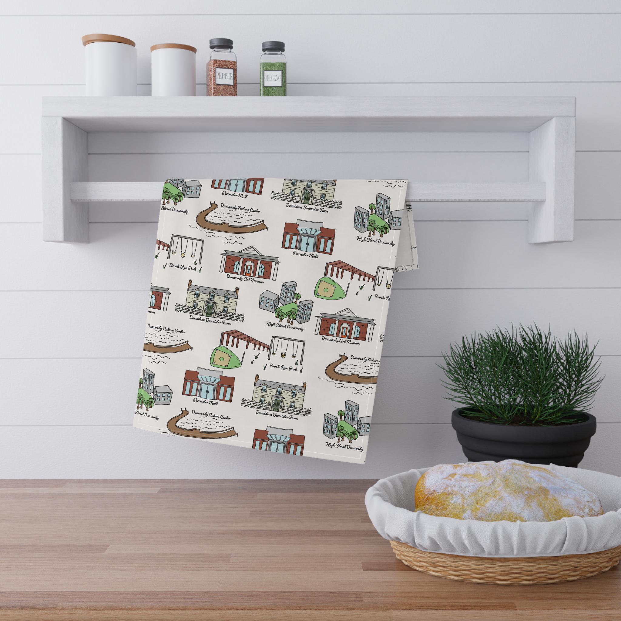 Dunwdoody Georgia Kitchen Tea Towels, Kitchen Decor, Farmhouse Style, Gift for Hosts, Unique Kitchen Linens, Woodstock GA Pattern