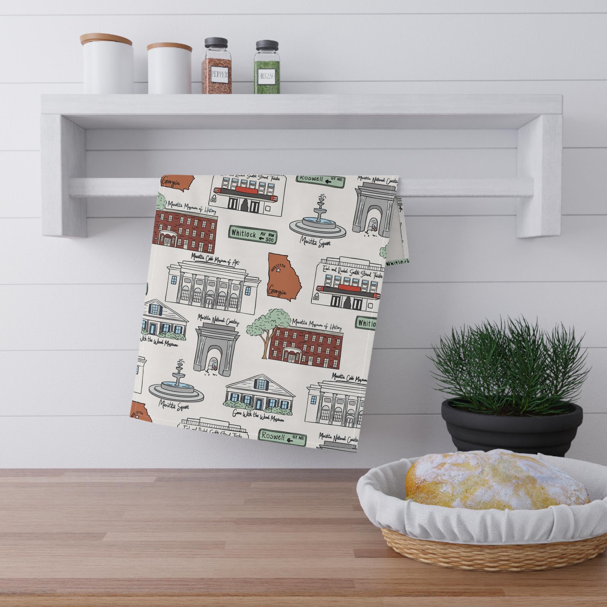 Marietta Georgia Illustrated Kitchen Towels, Kitchen Decor, Farmhouse Style, Gift for Hosts, Unique Kitchen Linens, Smryna GA Pattern