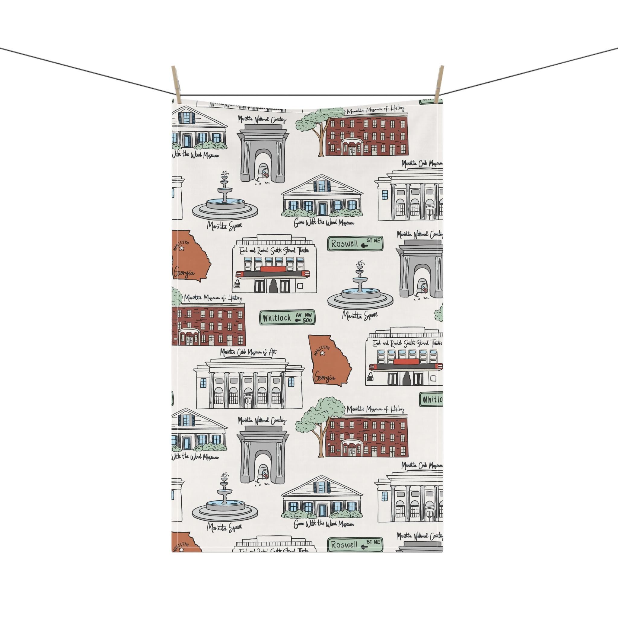 Marietta Georgia Illustrated Kitchen Towels, Kitchen Decor, Farmhouse Style, Gift for Hosts, Unique Kitchen Linens, Smryna GA Pattern