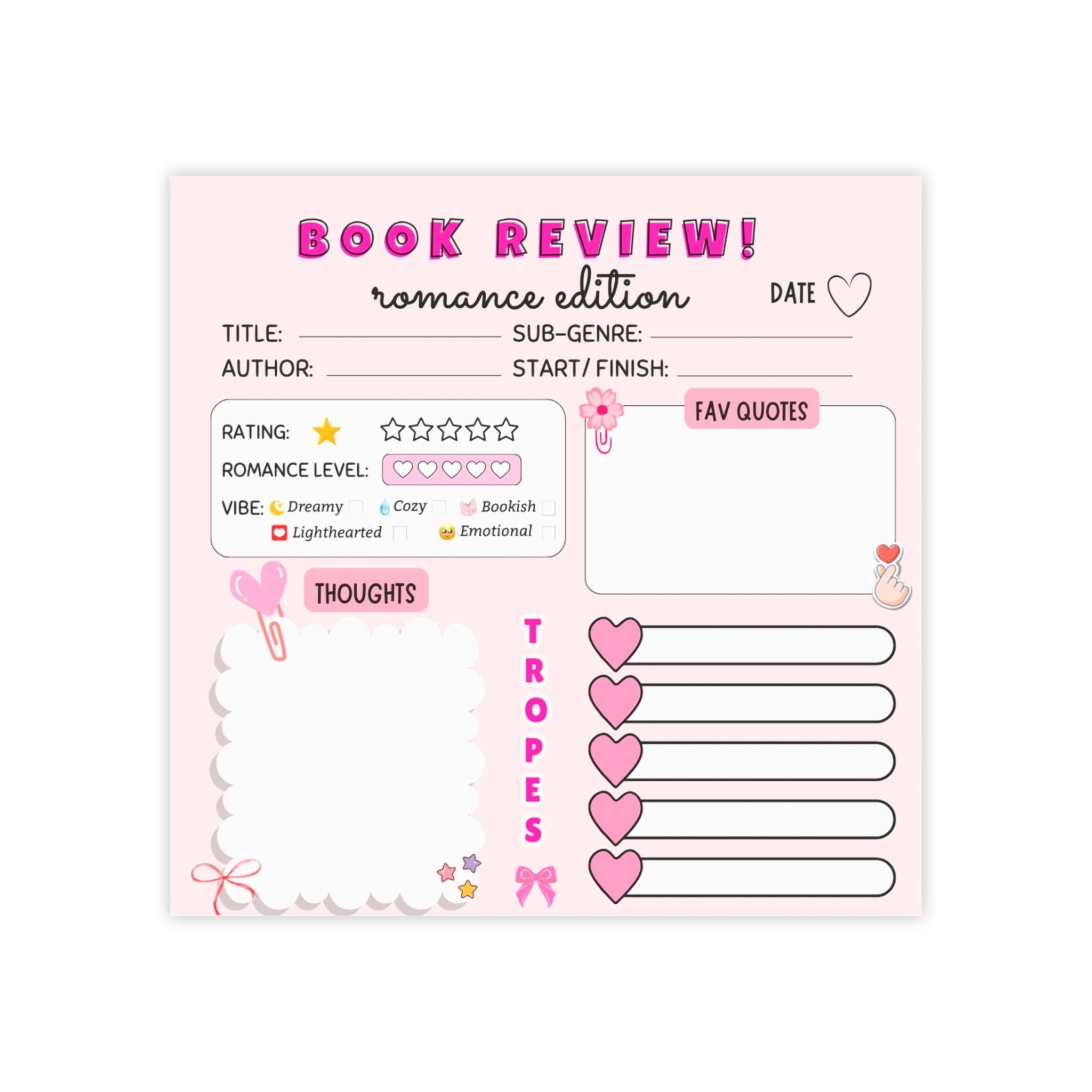 Book Review Sticky Notes Romance Sticky Notepad Bookworm Gift Bookish Stationary Reader Stationery Reading Journal Notepad Reading Notes 3x3