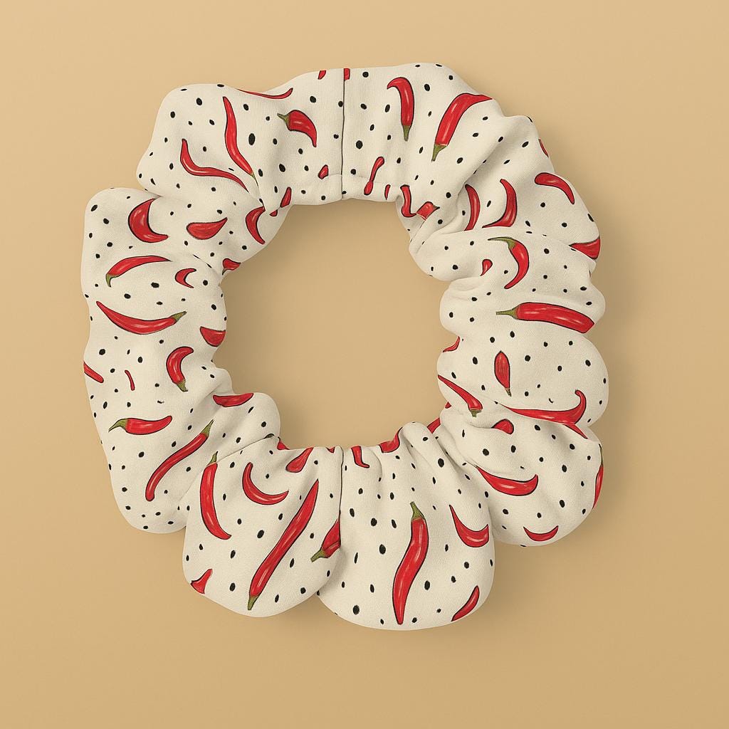 Spicy Chili Pattern Scrunchie, Hair Accessories, Gift for Her, Festival Hair Tie, Everyday Wear, Unique Hair Tie