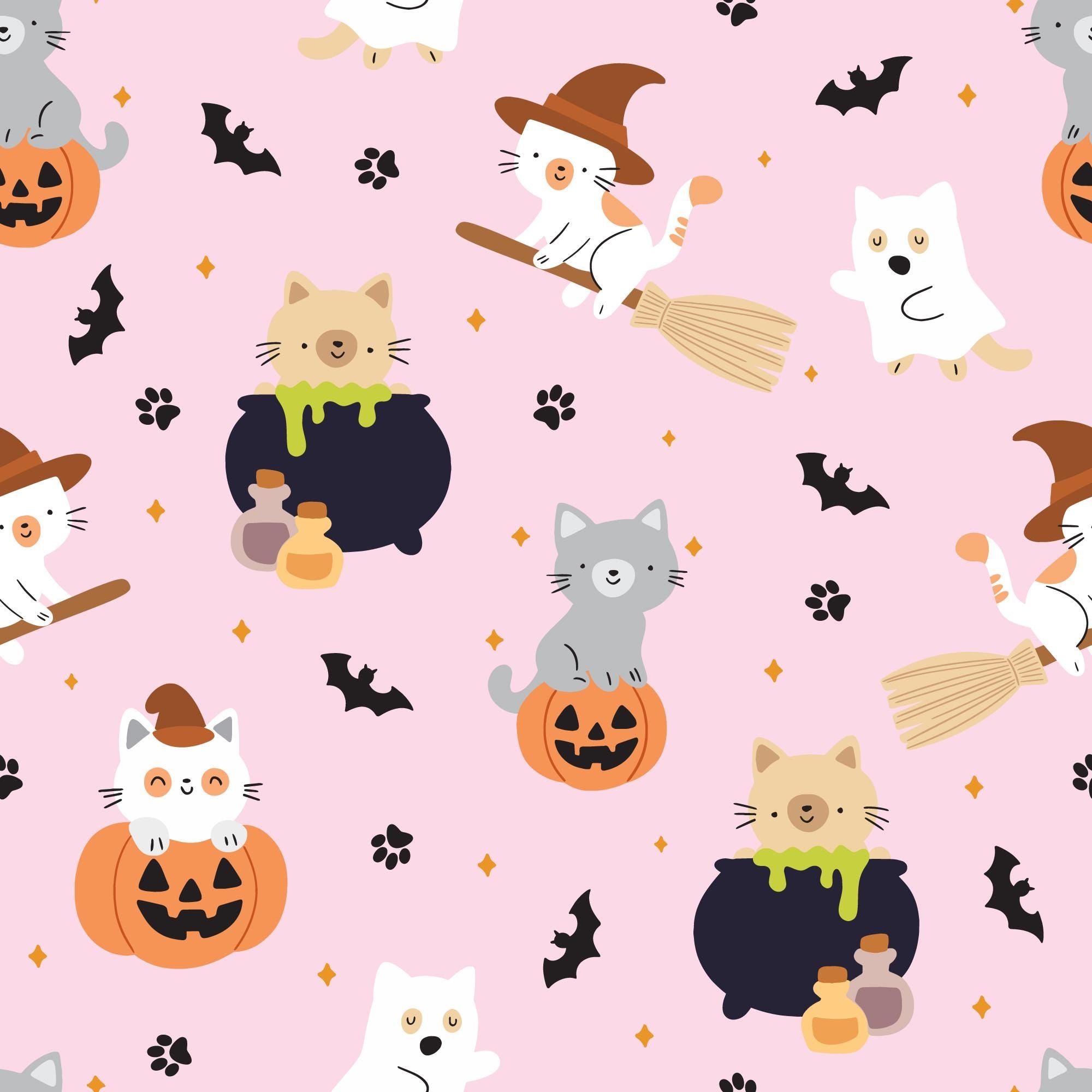 Trendy Cat Spooky seamless pattern for Halloween, Halloween kitty pattern design, Commercial use, Cat Lover Spooky patchwork seamless paper