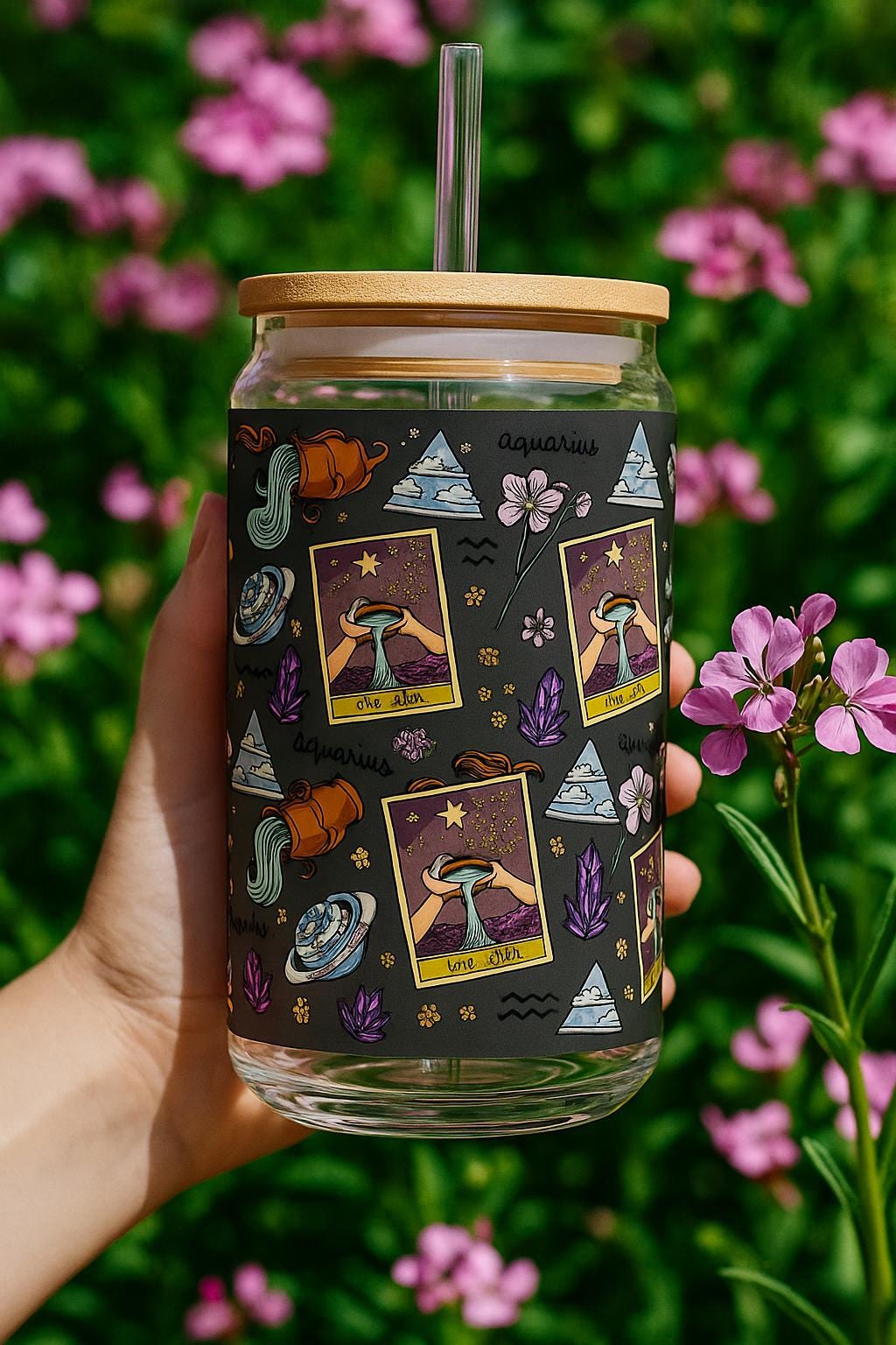 Libby glass sipper, Aquarius tumbler with straw, iced coffee cup, zodiac gift, astrology themed glass, horoscope glass, star sign drinkware