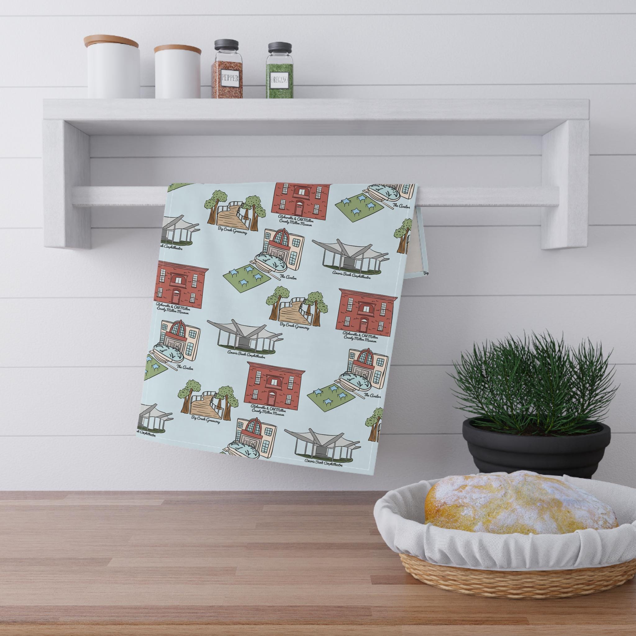 Alpharetta Georgia Kitchen Tea Towels, Kitchen Decor, Farmhouse Style, Gift for Hosts, Unique Kitchen Linens, Woodstock GA Pattern
